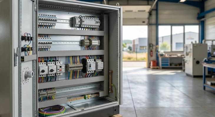 Technicien en chemise bleue travaillant sur armoire électrique industrielle, manipulant composants électroniques