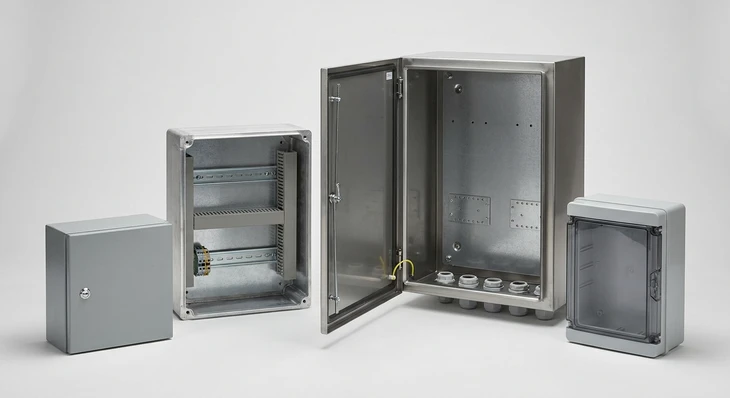Intérieur d'une armoire électrique industrielle avec plusieurs niveaux d'équipements de contrôle et distribution