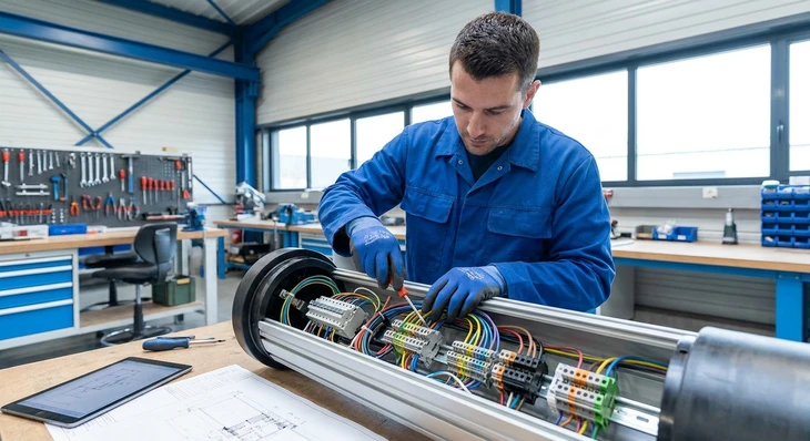 Technicien en combinaison bleue travaillant dans tableau électrique industriel, mains protégées par gants isolants blancs