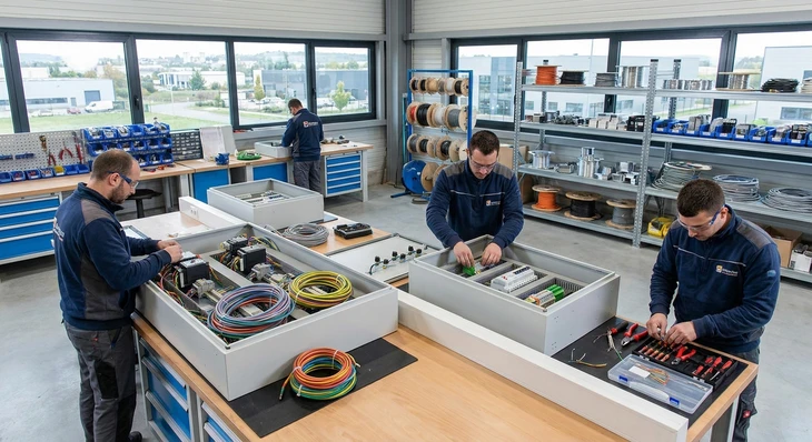 Technicien en casque jaune travaillant sur tableau électrique résidentiel, effectuant maintenance ou installation