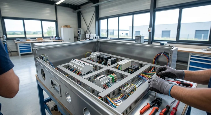 Technicien en combinaison travaillant sur panneau électrique industriel, manipulation de câbles avec outil de précision