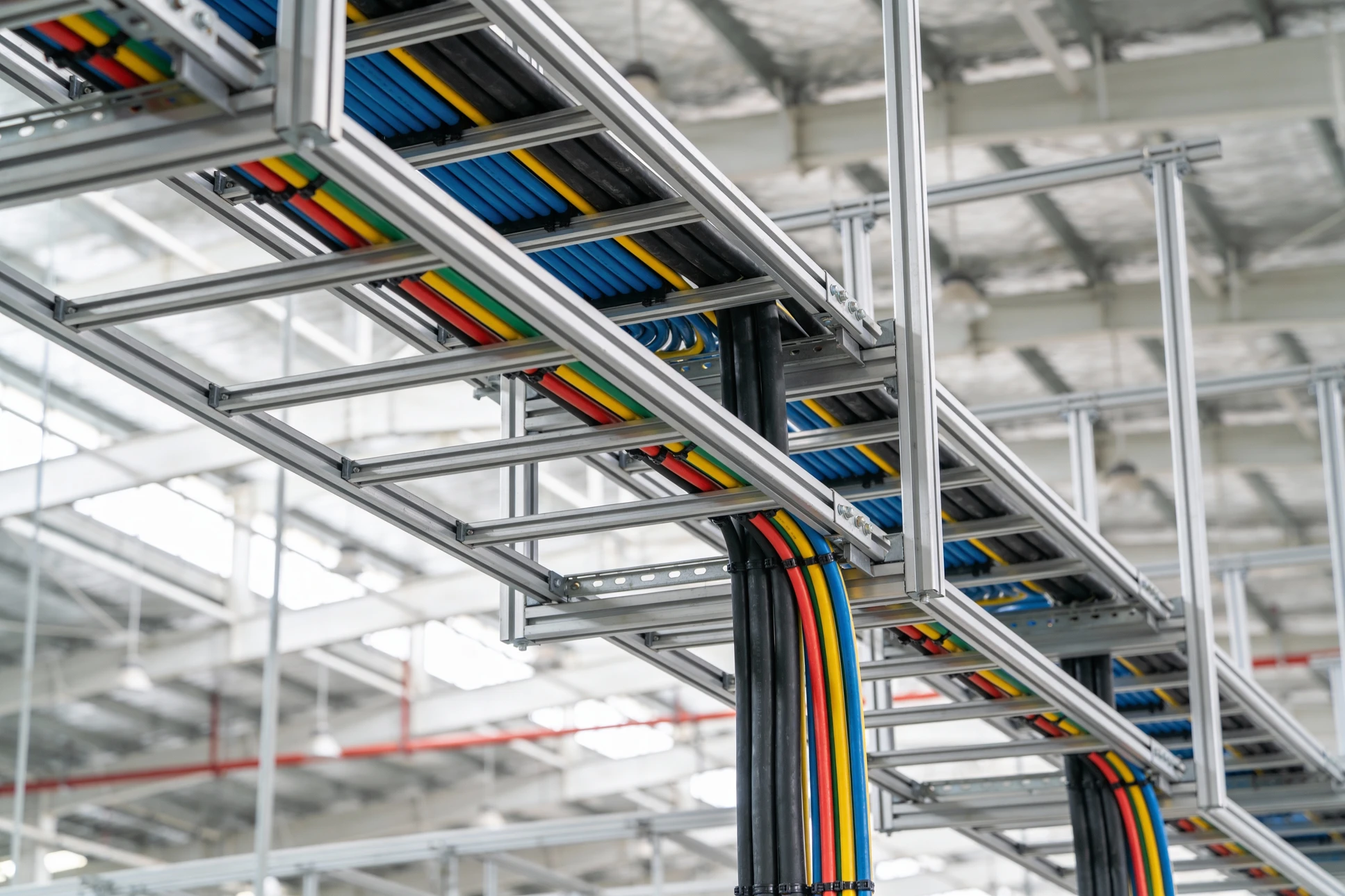 Scène d'atelier ou d'entrepôt industriel avec bobine de câble électrique sur fond neutre