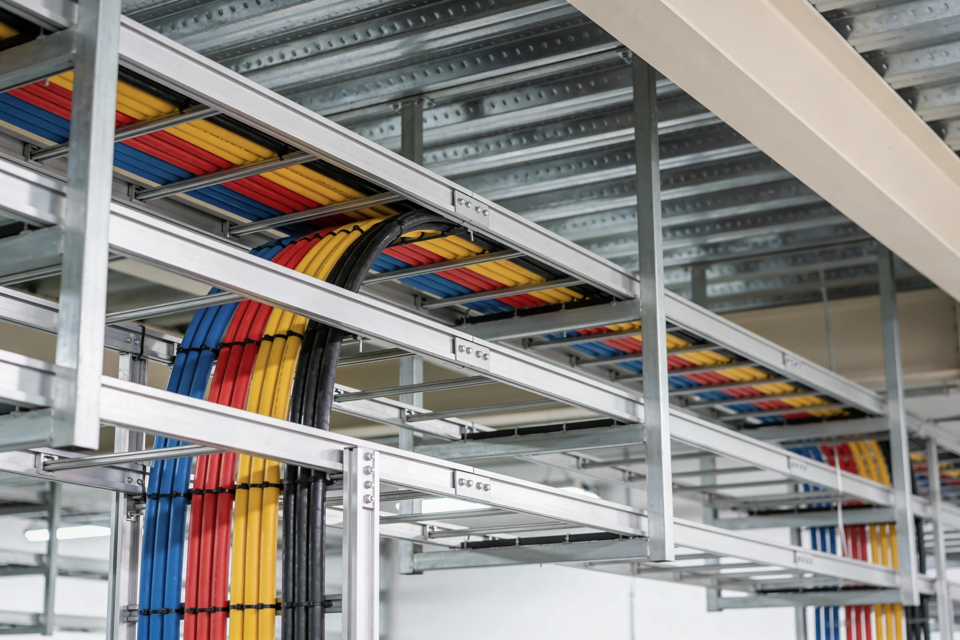 Intérieur d'une armoire électrique industrielle avec plusieurs niveaux d'équipements de contrôle et distribution