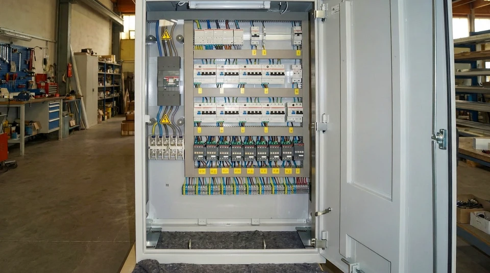 Int&eacute;rieur d'armoire &eacute;lectrique industrielle avec technicien effectuant des mesures