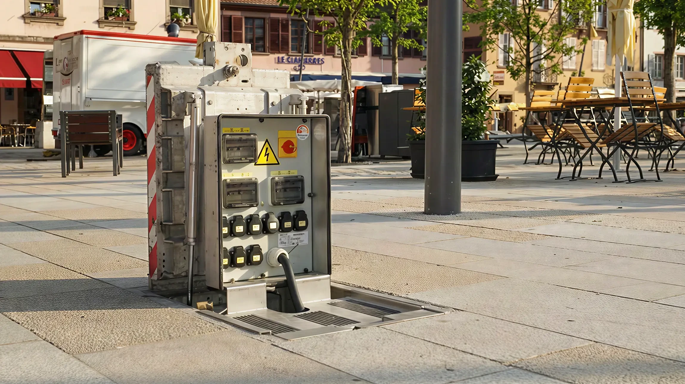 Technicien en combinaison travaillant sur panneau électrique industriel, manipulation de câbles avec outil de précision