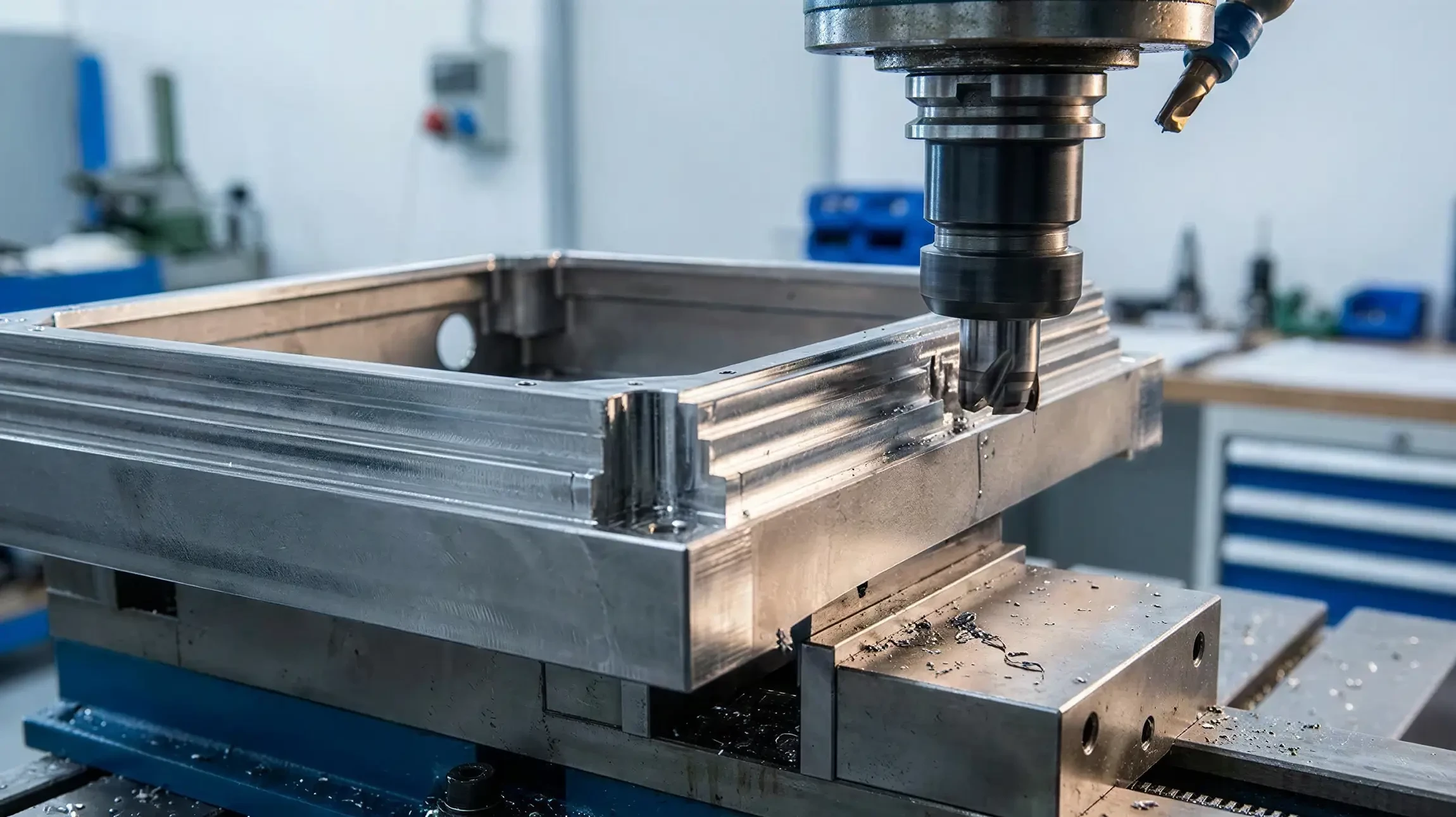 Atelier intérieur avec technicien utilisant perceuse électrique professionnelle sur pièce métallique